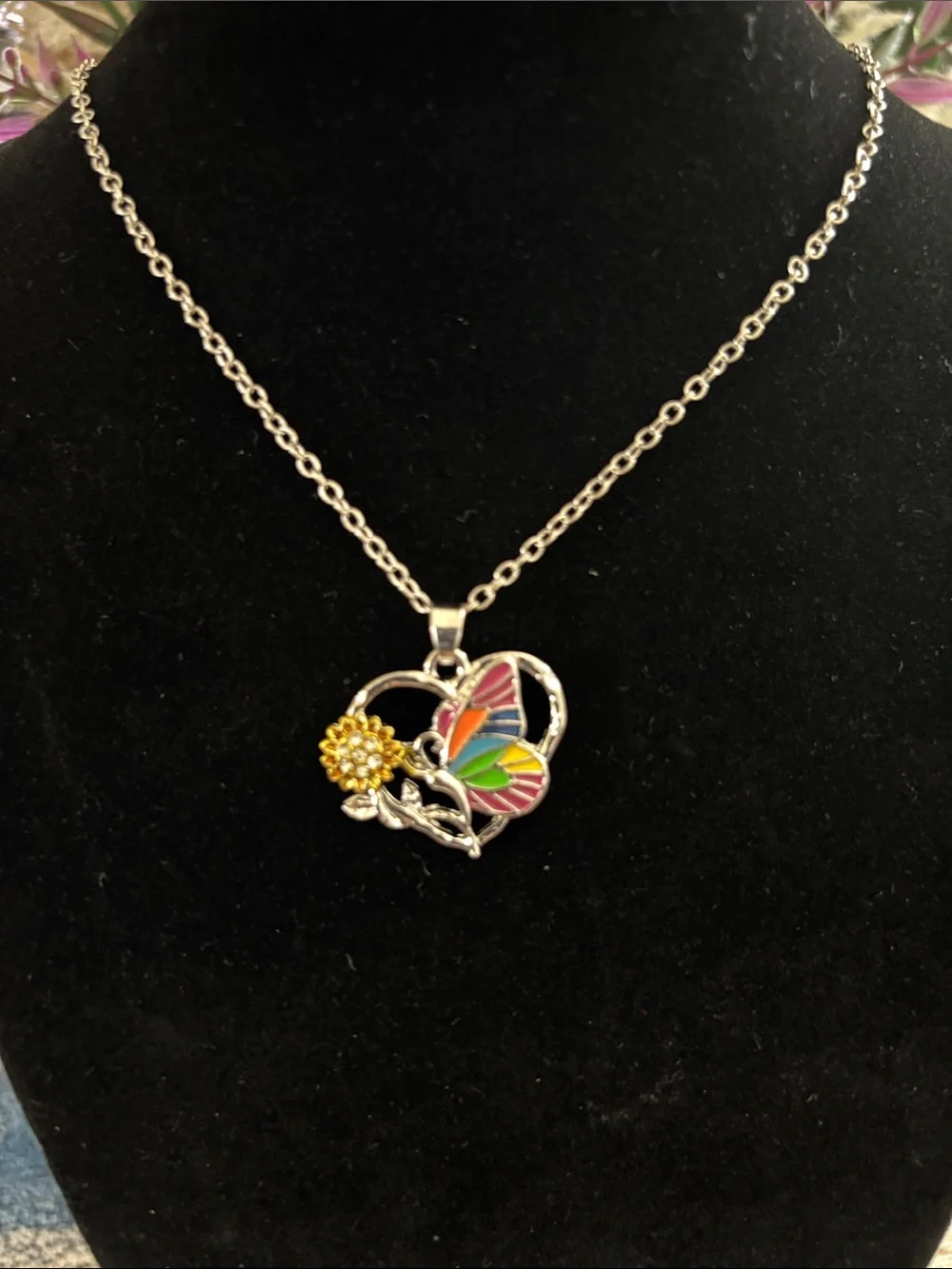 Silver Heart Pendant Necklace with Multicolor Butterfly and Yellow Flower - Picture 2 of 2